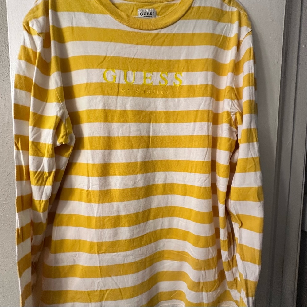 Guess Y2K Yellow and White Striped Long Sleeve Shirt Size M